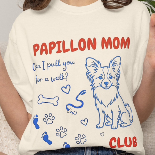White t-shirt with 'Papillon Mom' design featuring a dog illustration and text.