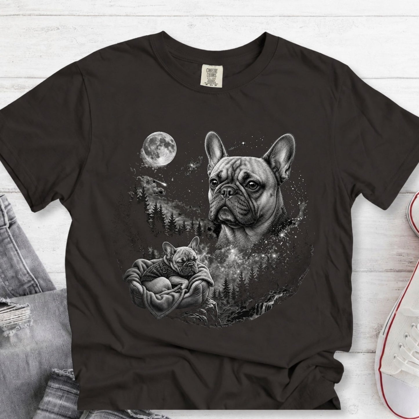 A black short-sleeve graphic T-shirt laid flat on a whitewashed wood surface, featuring a monochrome illustration of a French bulldog and a smaller dog in a forest under a full moon. Jeans and a sneaker are partially visible around the shirt as styling props.