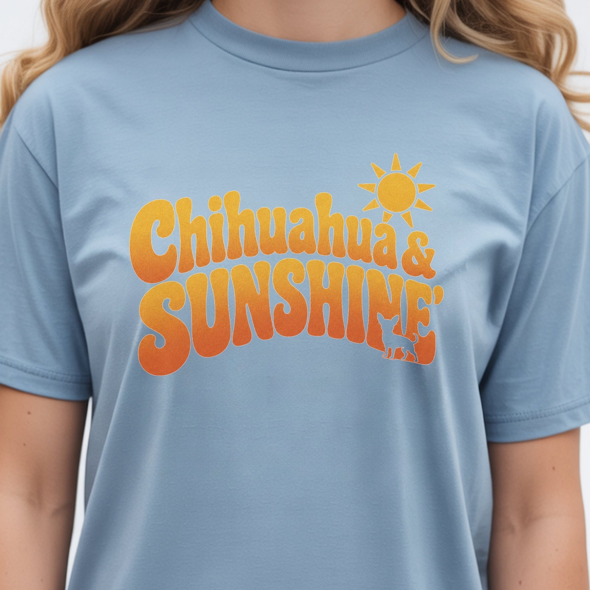 Chihuahua Sunshine retro blue t-shirt for dog moms with yeloow colored text "Chihuahuas & Sunshine".