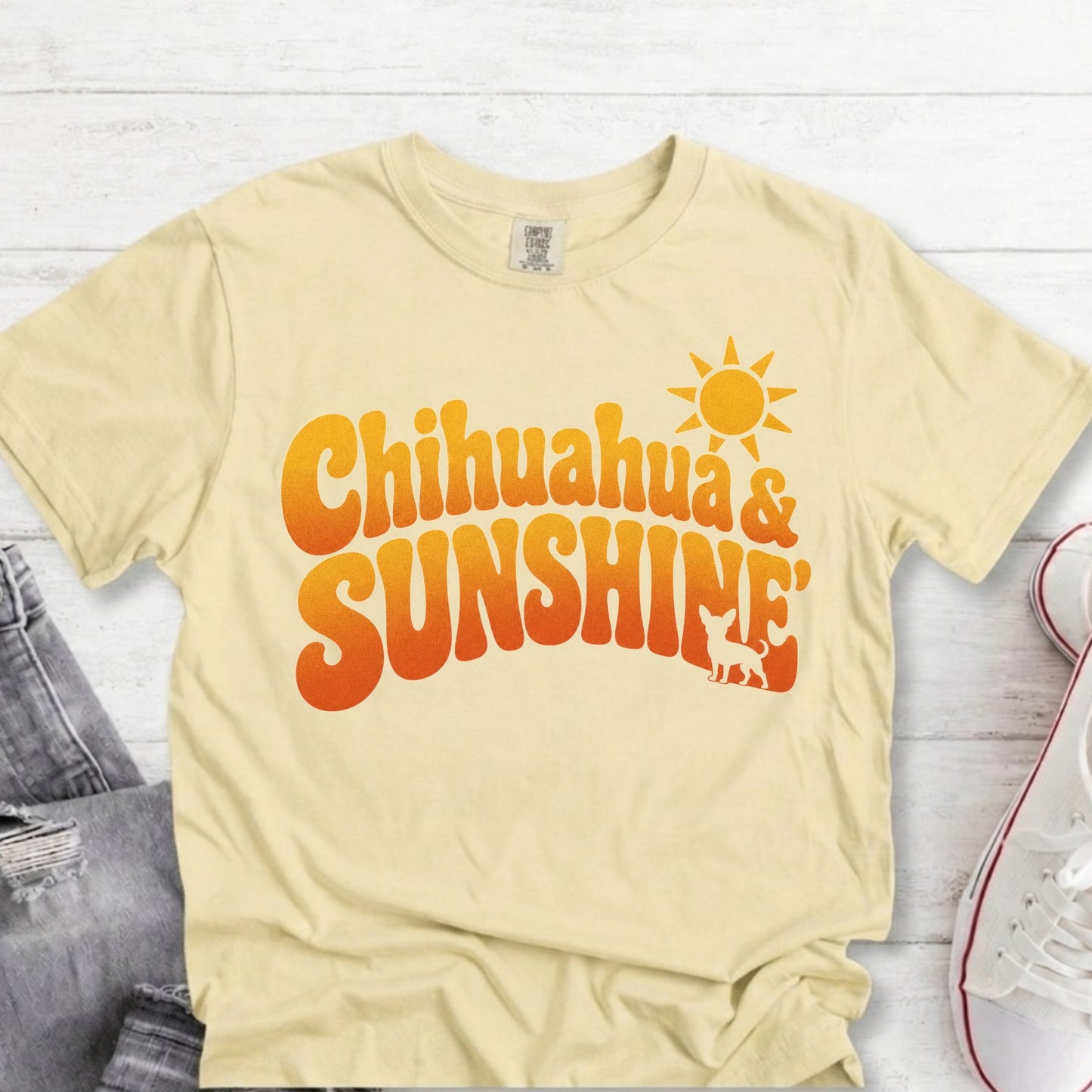 Chihuahua Sunshine retro ivory t-shirt flat lay mockup for dog moms with yellow colored text "Chihuahuas & Sunshine".