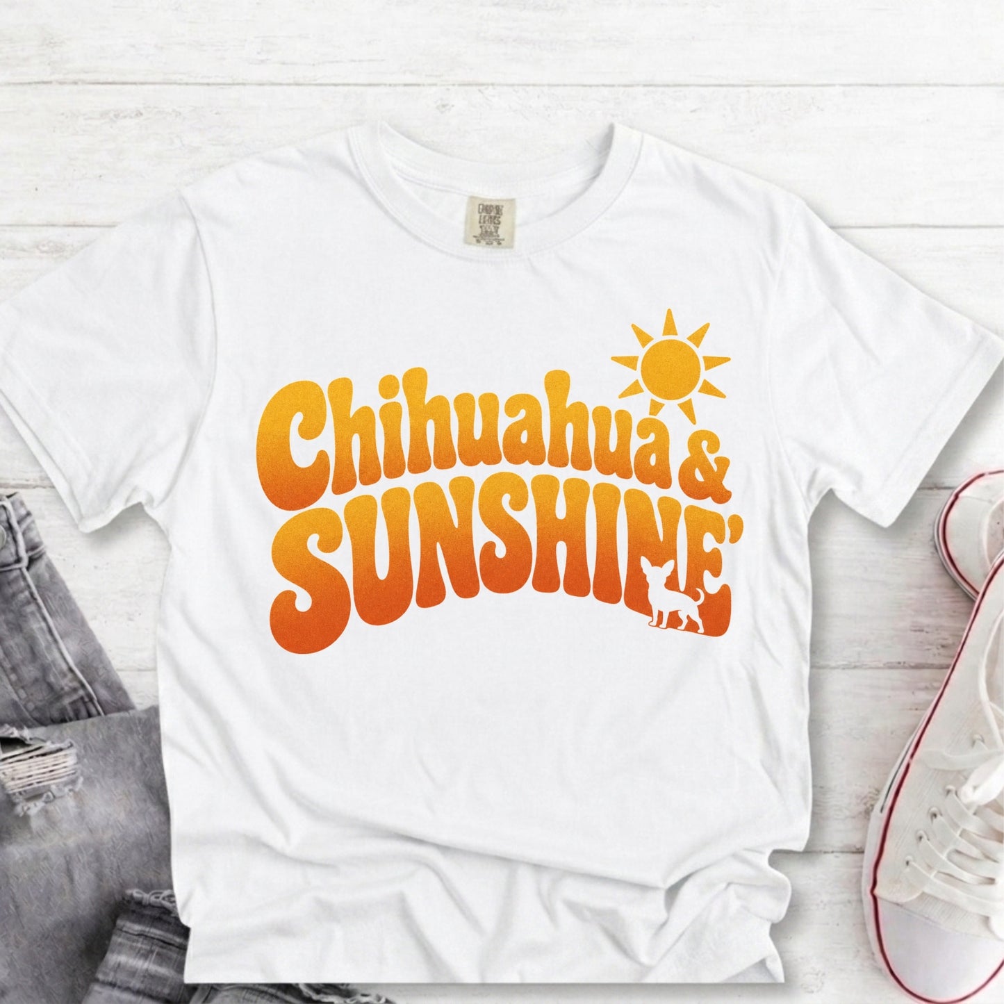 Chihuahua Sunshine retro white t-shirt flat lay mockup for dog moms with yellow colored text "Chihuahuas & Sunshine".