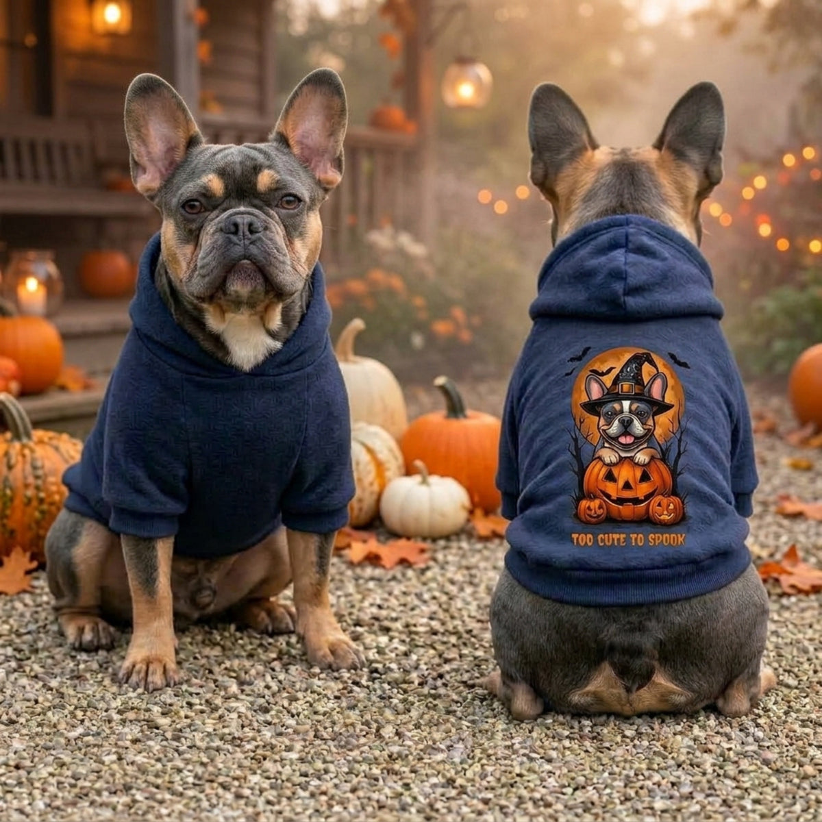 Two French bulldog models wearing navy blue pet hoodies in an outdoor autumn setting with pumpkins and fall leaves. One dog is shown from the front wearing a solid navy hoodie, and the other is shown from the back wearing a navy hoodie with a cartoon graphic of a dog sitting on jack-o'-lanterns and the text 'TOO CUTE TO SCARY'.