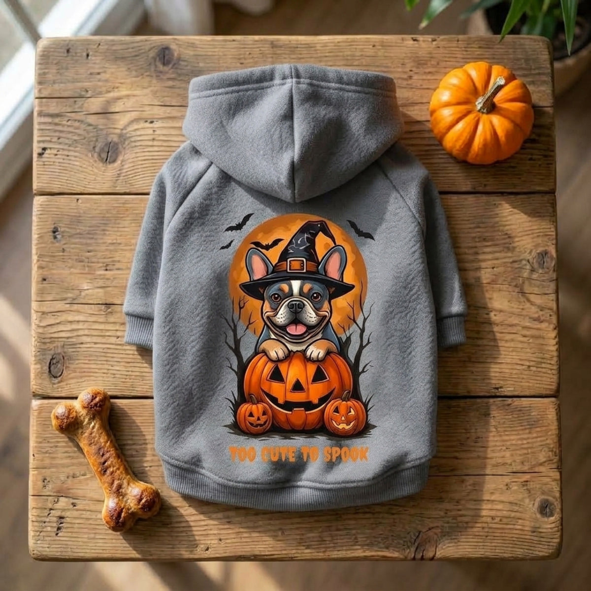 A gray pet hoodie with a large Halloween graphic of a French bulldog in a witch hat on a jack-o'-lantern, displayed on a rustic wooden table with a small pumpkin and bone prop.
