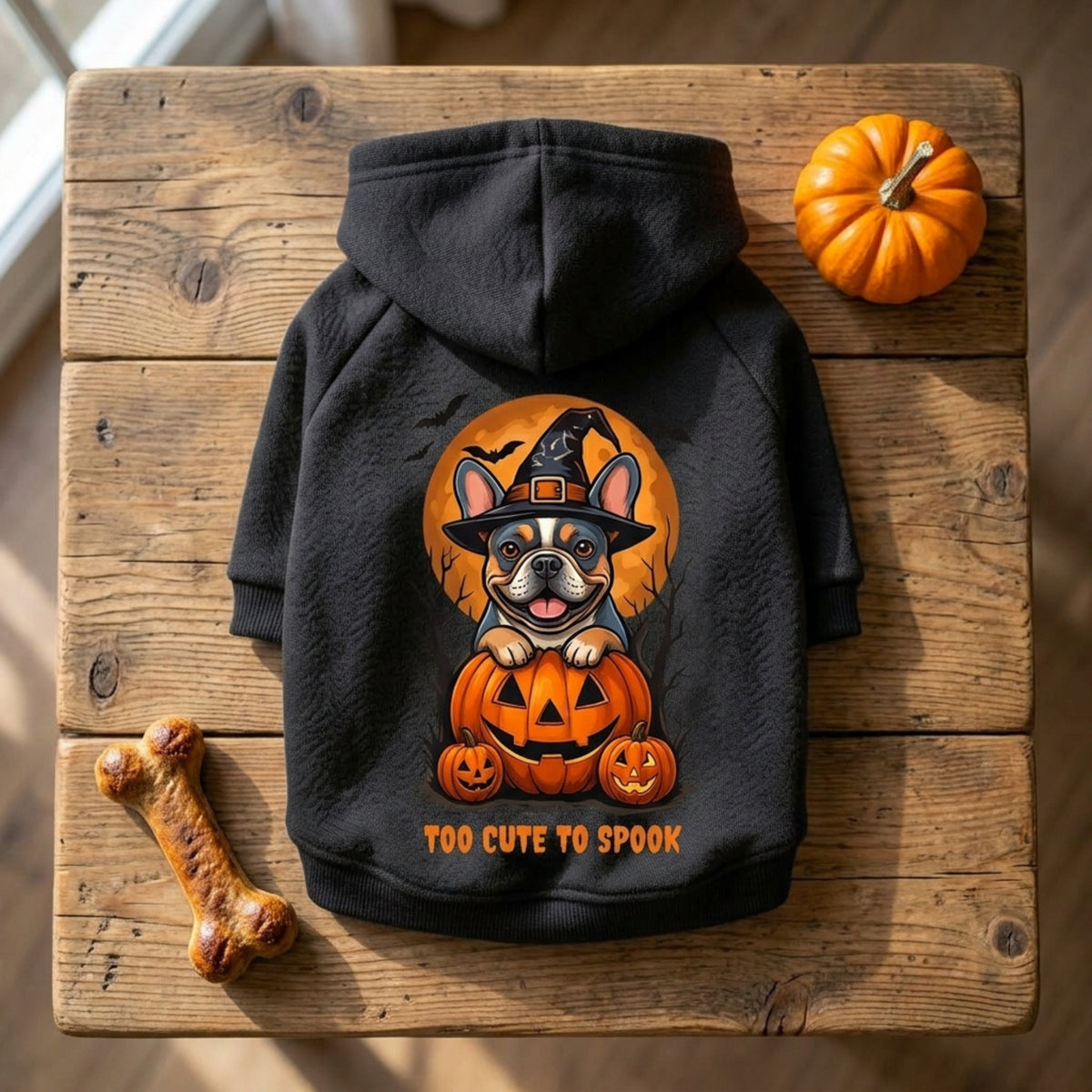 A black dog hoodie laid flat on a rustic wooden surface, featuring a Halloween graphic of a French bulldog wearing a witch hat and sitting on a jack-o'-lantern, with the text 'TOO CUTE TO SPOOK' below. Small pumpkins and a bone are placed around it as props.
