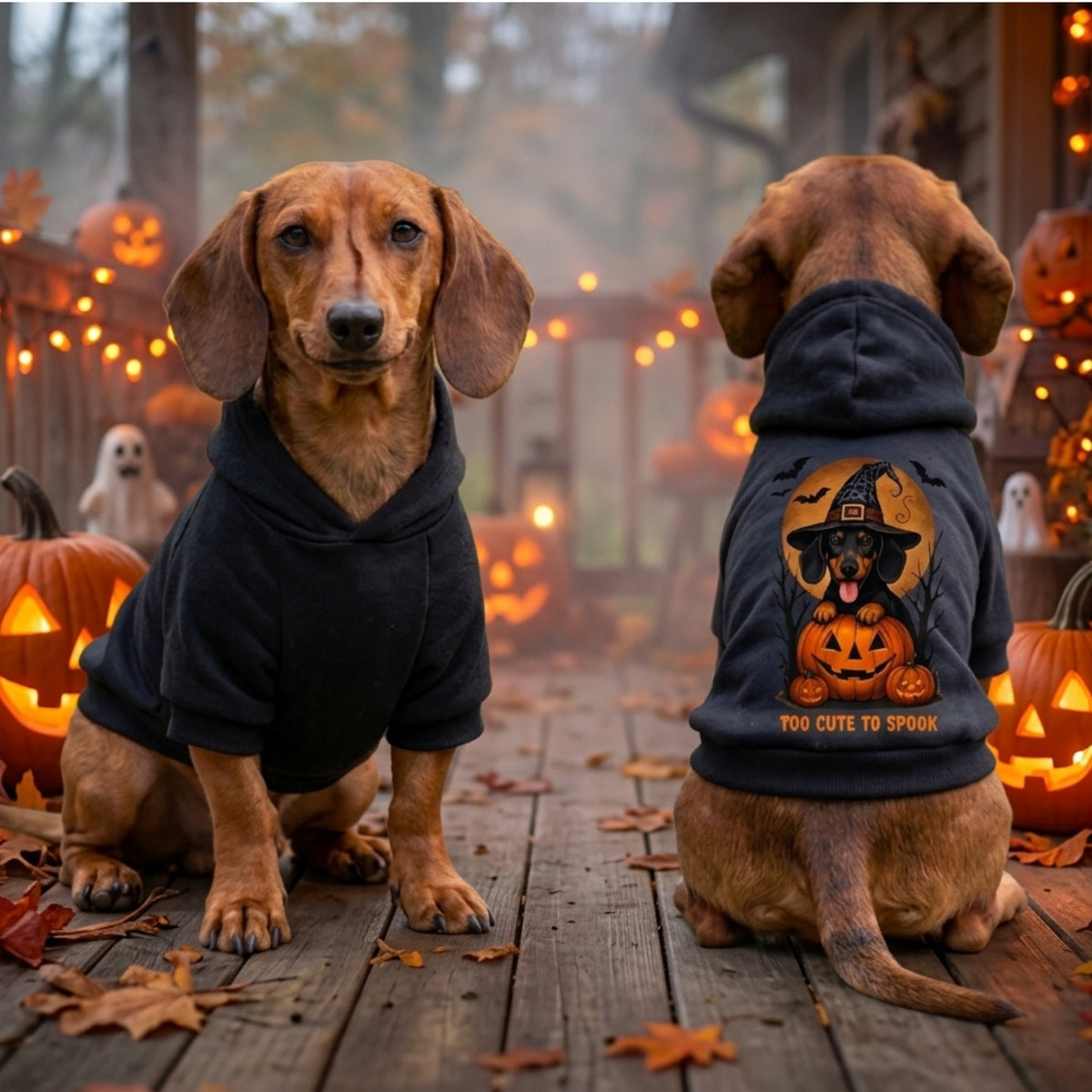 Two dachshunds wearing black hoodies posed on a wooden deck surrounded by Halloween decorations, including jack-o'-lanterns and warm string lights. One dog faces forward wearing a black hoodie, while the other sits with its back to the camera wearing a black hoodie with a graphic of a dog in a witch hat above a jack-o'-lantern and the text 'TOO CUTE TO SPOOK'.