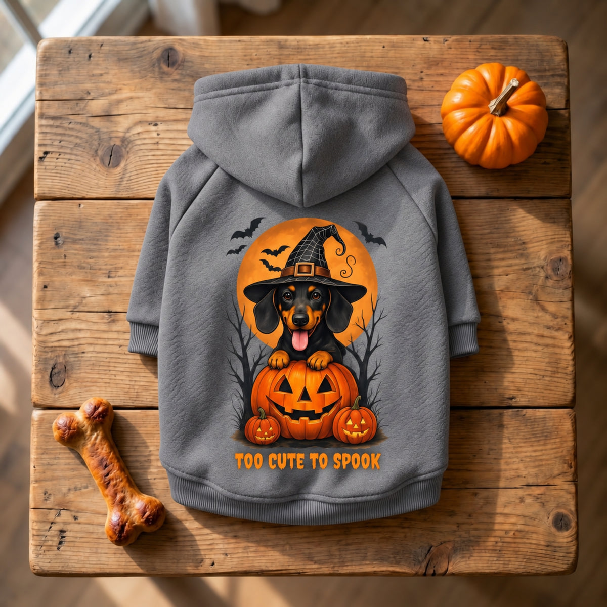 A gray pet hoodie with a Halloween dachshund graphic, displayed on a rustic wooden plank background with a small pumpkin, a bone-shaped prop, and the text 'TOO CUTE TO SPOOK'.