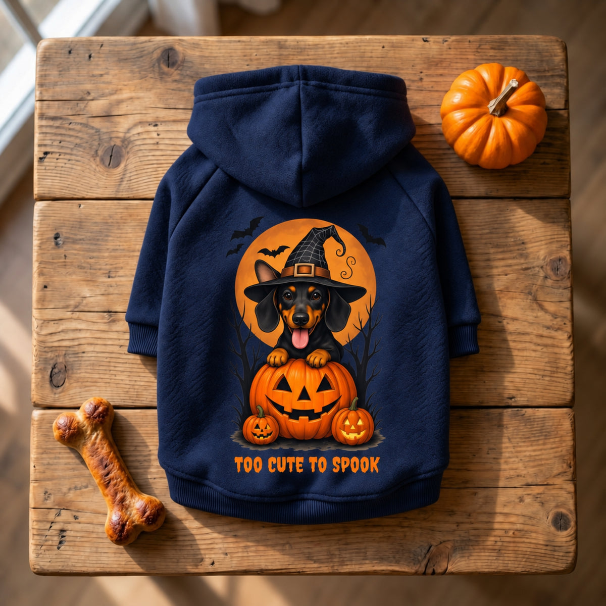 A navy blue pet hoodie with a Halloween graphic of a dachshund wearing a witch hat and sitting on a jack-o'-lantern, with the text 'TOO CUTE TO SPOOK' on the back. The hoodie is displayed on a rustic wooden plank surface with a small pumpkin and a bone prop.