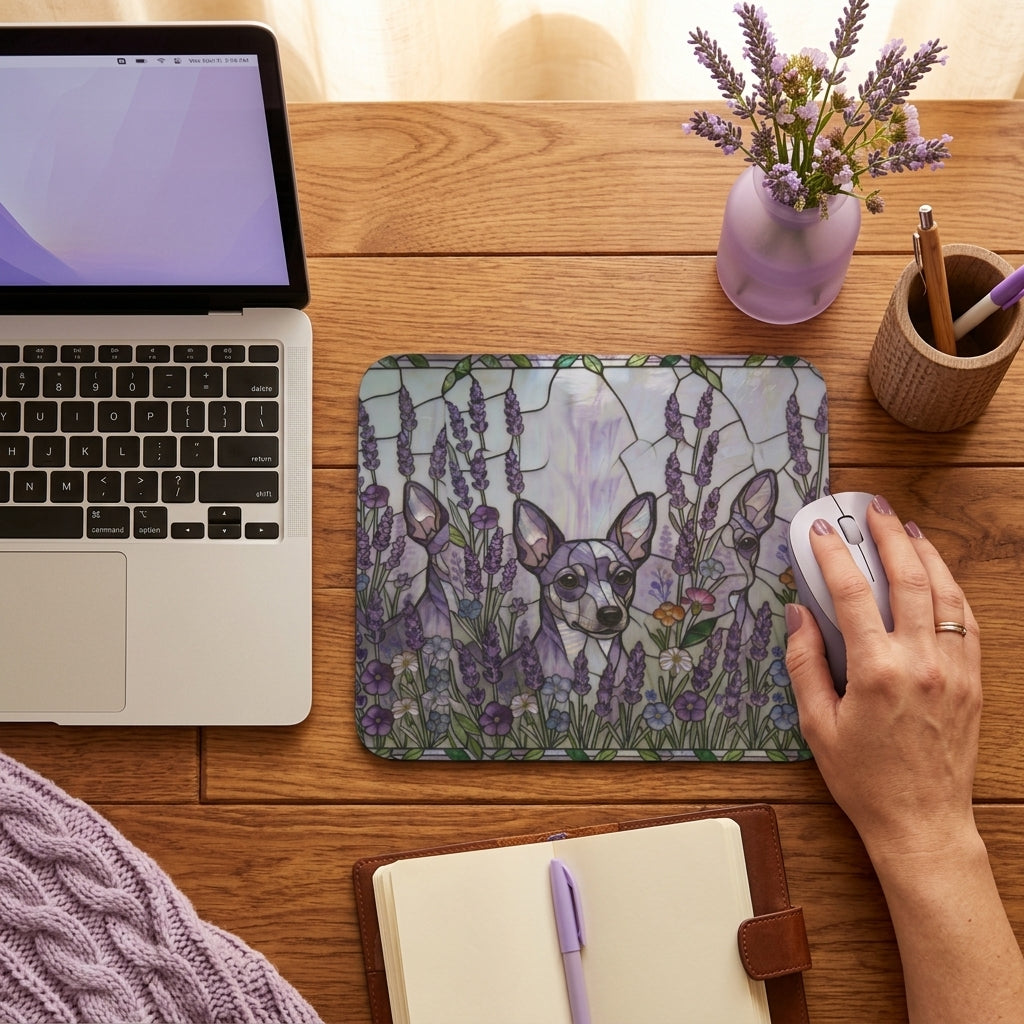 A rectangular desk mat with a watercolor-style illustration of a dog surrounded by purple lavender flowers, shown on a wooden desk with a hand using a white computer mouse. A laptop, notebook, pen, and small vase of flowers are also visible in the scene.