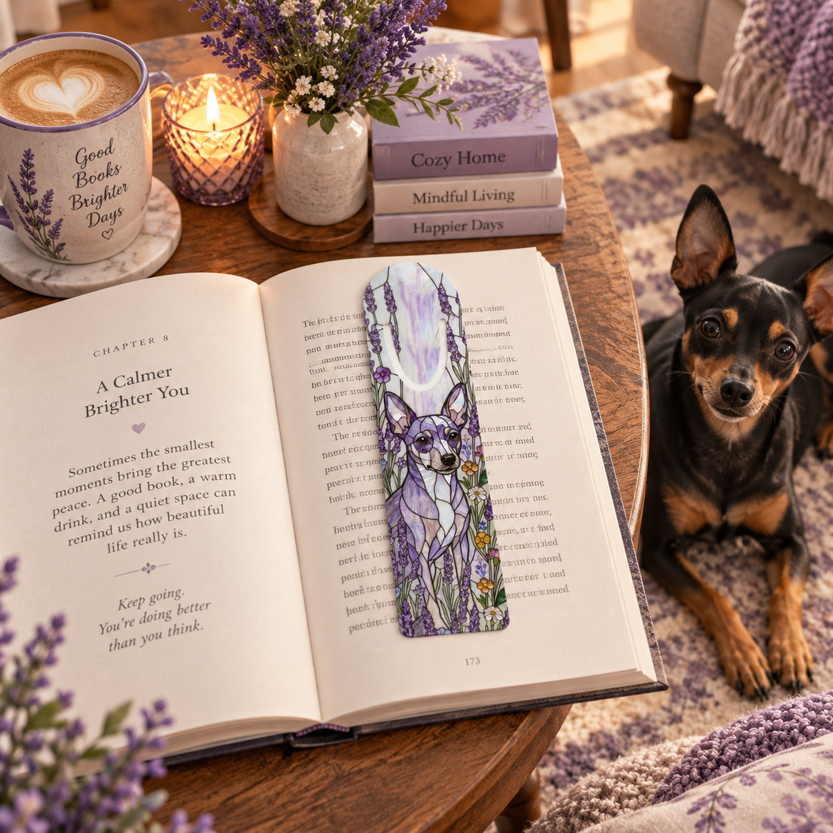 A purple and lavender cat-shaped book bookmark with floral details rests on an open book on a wooden table, styled with a coffee mug, candle, books, and a small dog looking on.