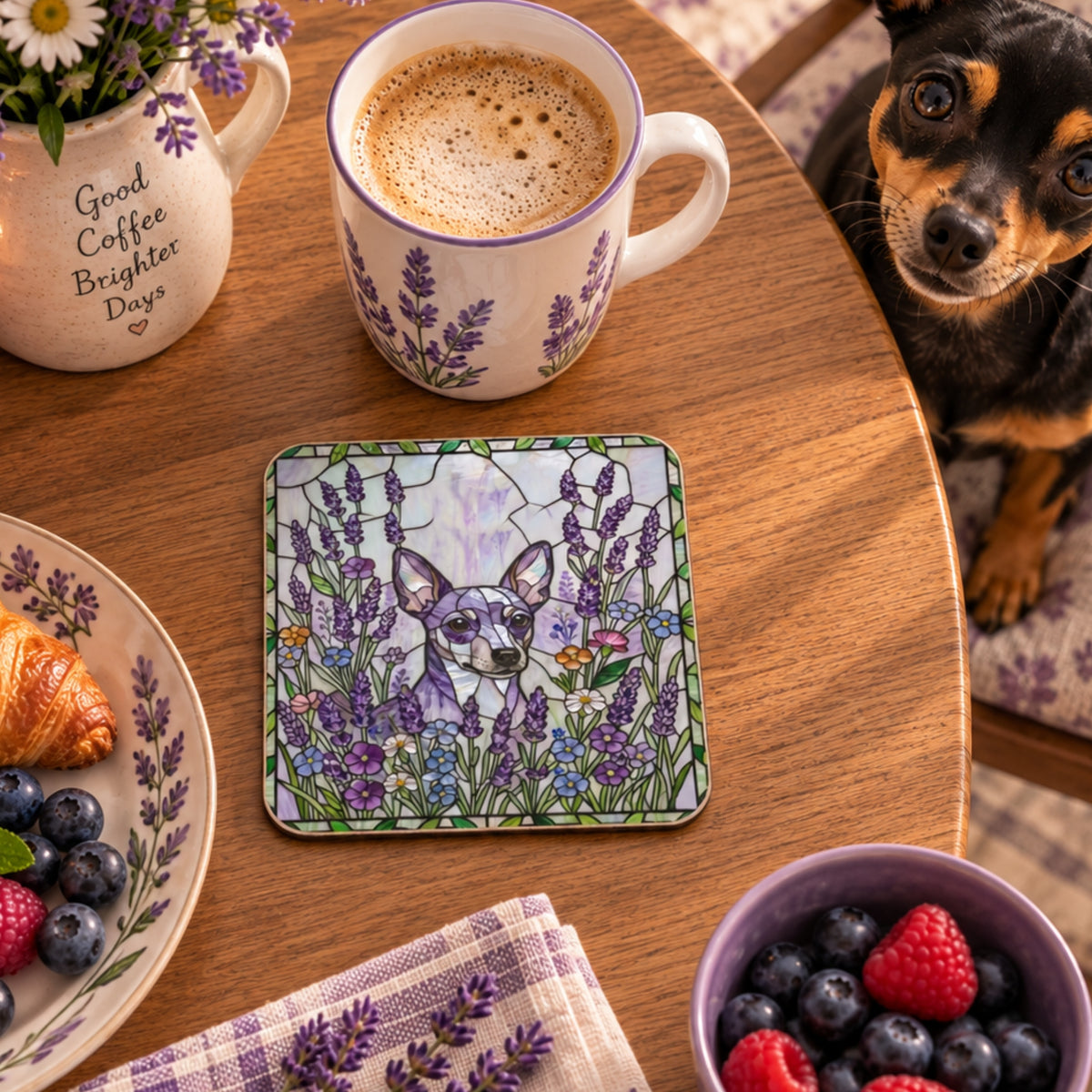 A square ceramic coaster featuring a lavender and dog illustration, styled on a wooden table next to a coffee mug, a dog, and a breakfast plate.