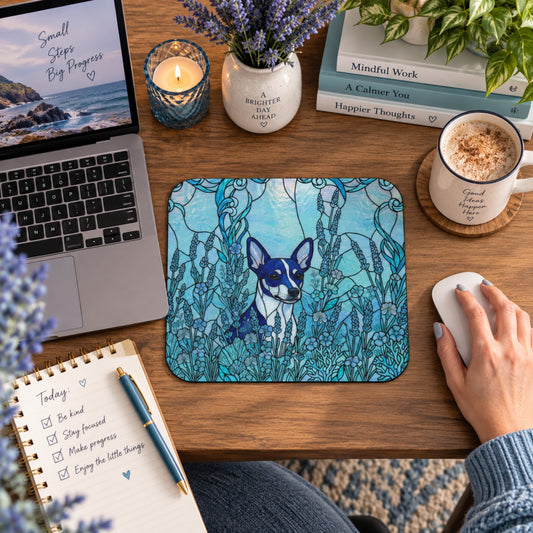 A top-down view of a wooden desk with a person's hand using a white mouse on a rectangular mousepad. The mousepad features a blue and teal stained-glass style illustration of a dog in a garden.