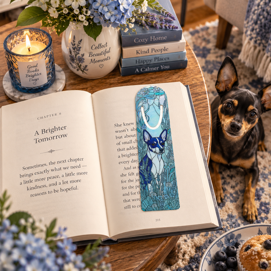 A decorative blue and white bookmark with a butterfly design is shown resting on an open book on a wooden table. The scene is styled with a lit candle, a ceramic vase of flowers, a stack of books, and a small dog sitting nearby, making this a Lifestyle image.
