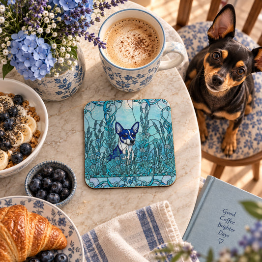 A square coaster featuring a blue and white dog illustration in a teal floral design, displayed on a marble table next to a coffee mug, a dog, and breakfast items.