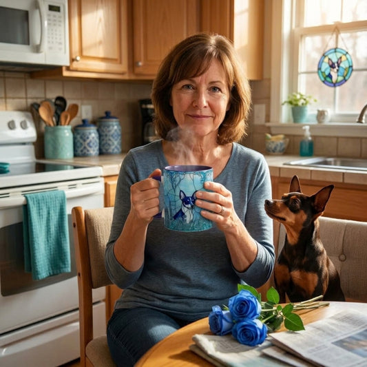 A woman sitting in a cozy kitchen holds a blue mug with a dog illustration, while a small black and tan dog sits beside her at a table with blue roses and a newspaper. The kitchen has wooden cabinets, a stove, and a window.