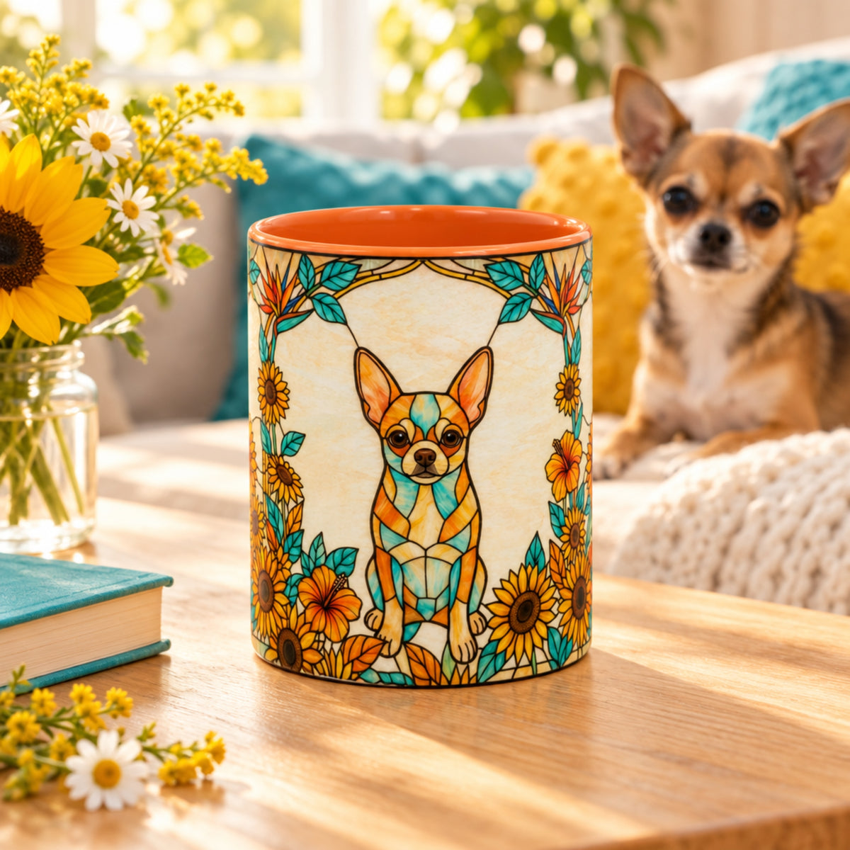 A ceramic canister with a colorful stained-glass-style Chihuahua dog design, set on a wooden table in a cozy living room with a small dog in the background.