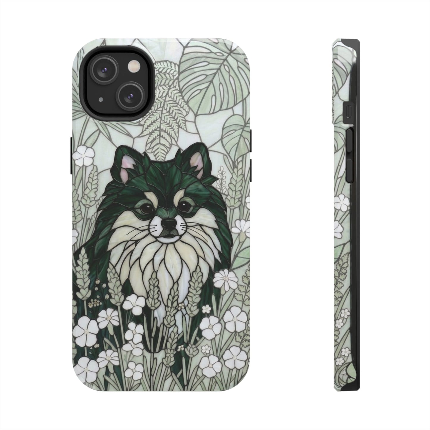 Pomeranian Stained Glass Style Tough Case — Botanical Green Theme