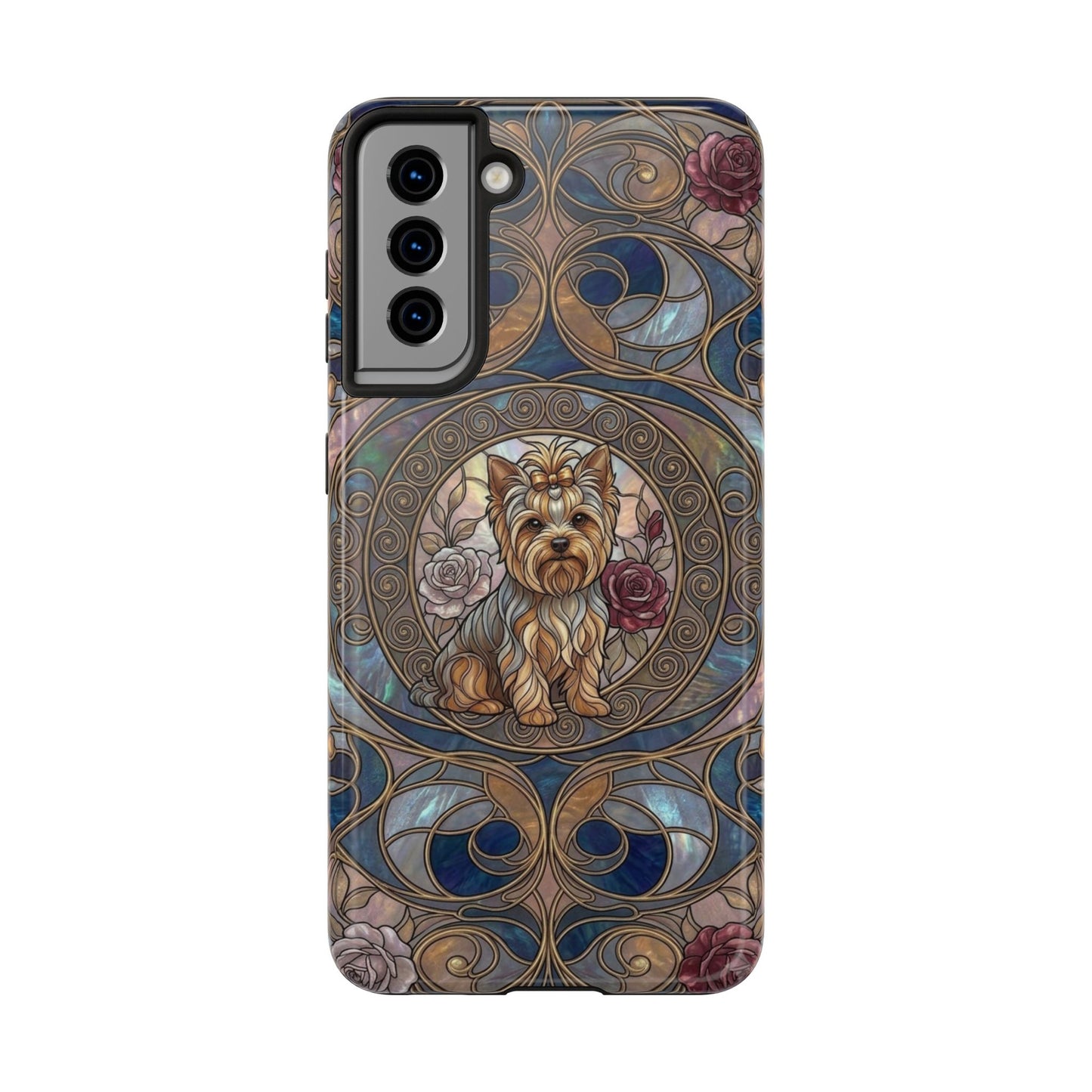 Yorkie Stained Glass Style Midnight Rose Tough Phone Case