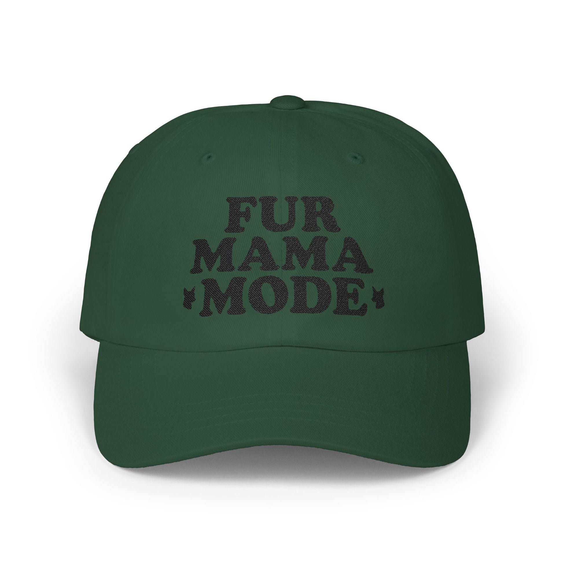 Spruce "Fur Mama Mode" Miniature Pinscher cap on a wooden table at the beach, perfect for dog moms and Min Pin lovers