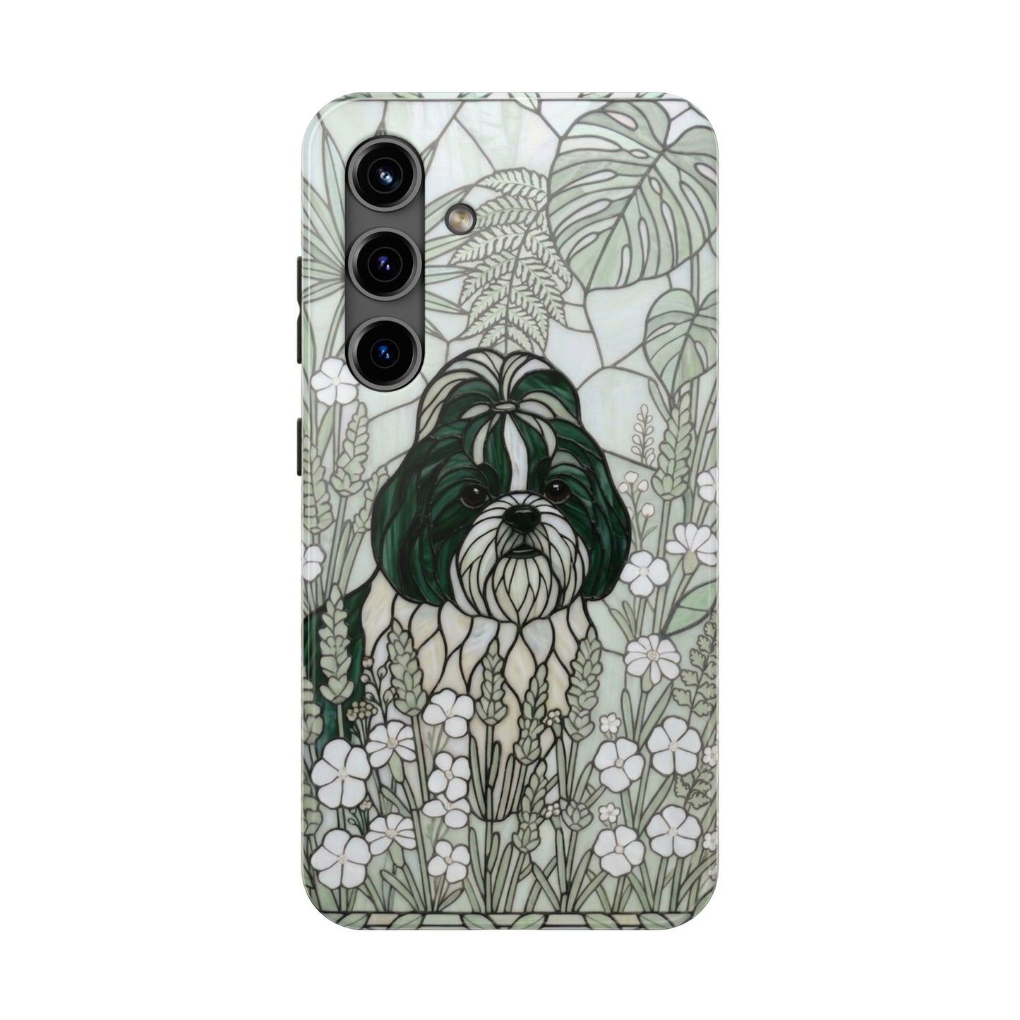 Shih Tzu Stained Glass Style Tough Case — Botanical Green Theme