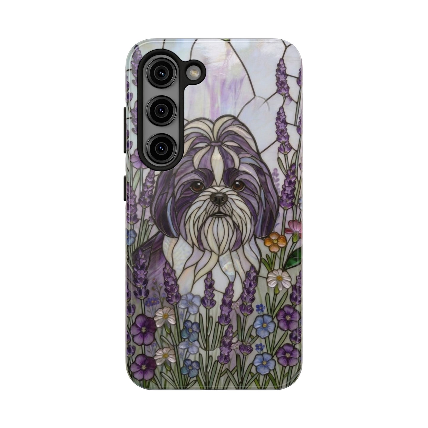 Shih Tzu Stained Glass Style Tough Case — Lavender Floral Theme