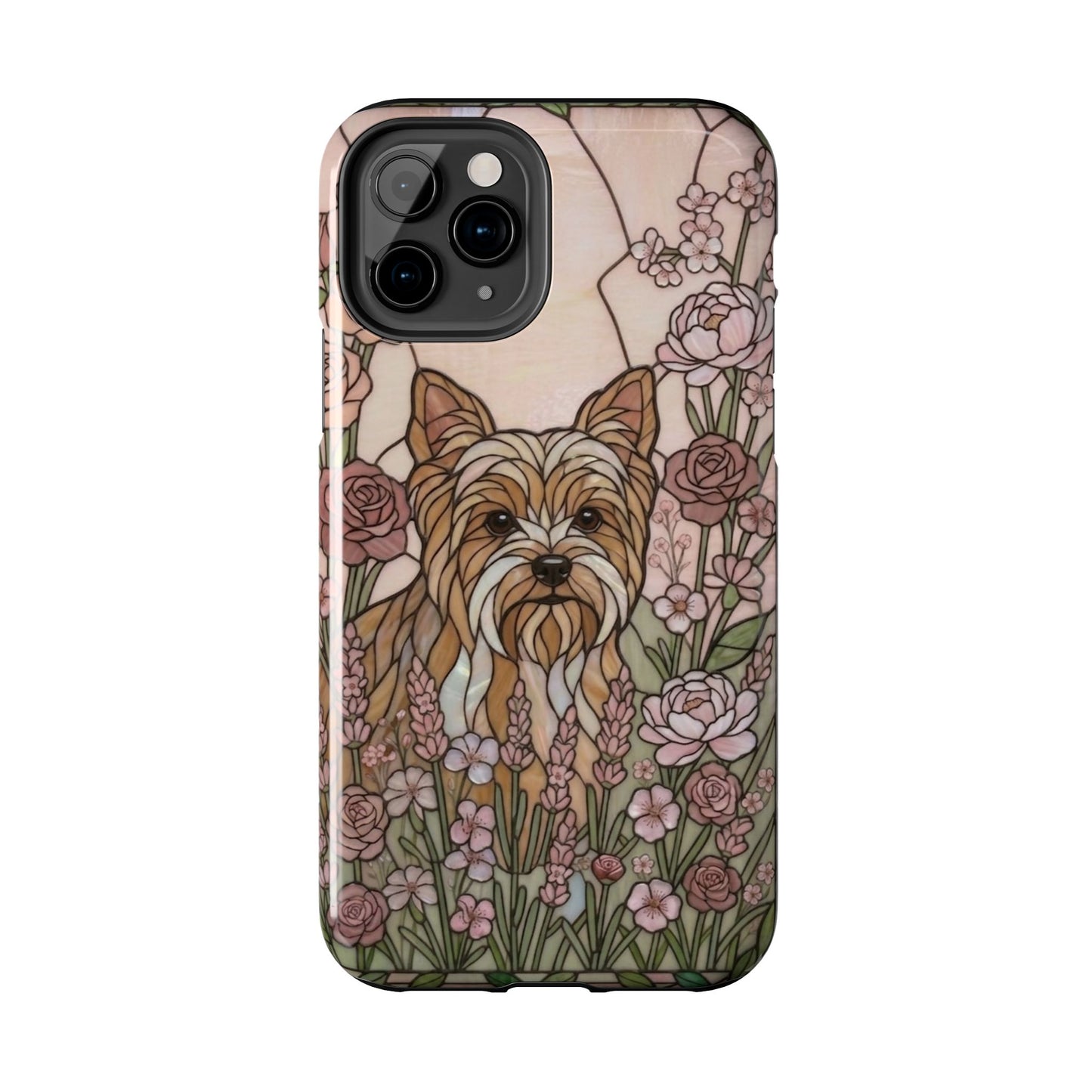 Phone case with a dog illustration surrounded by flowers on a white background