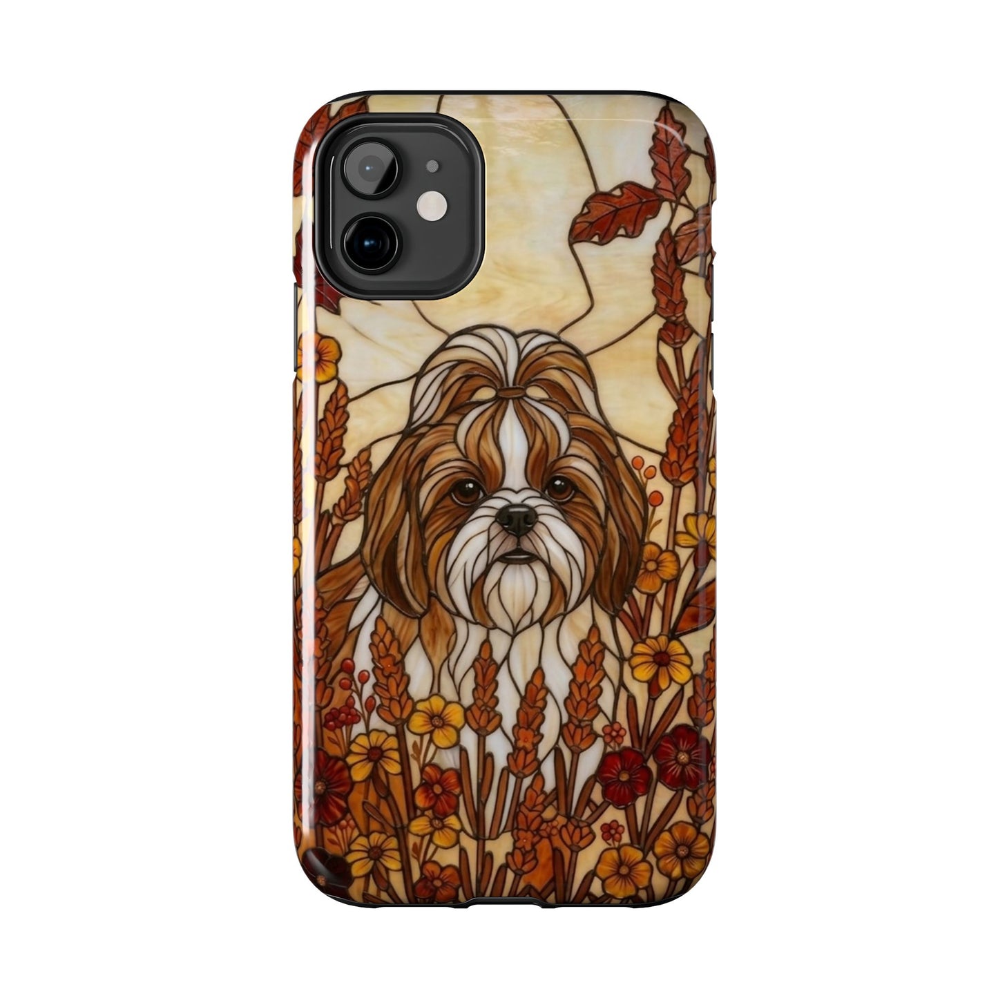 Phone case with a dog illustration in a stained glass style on a white background