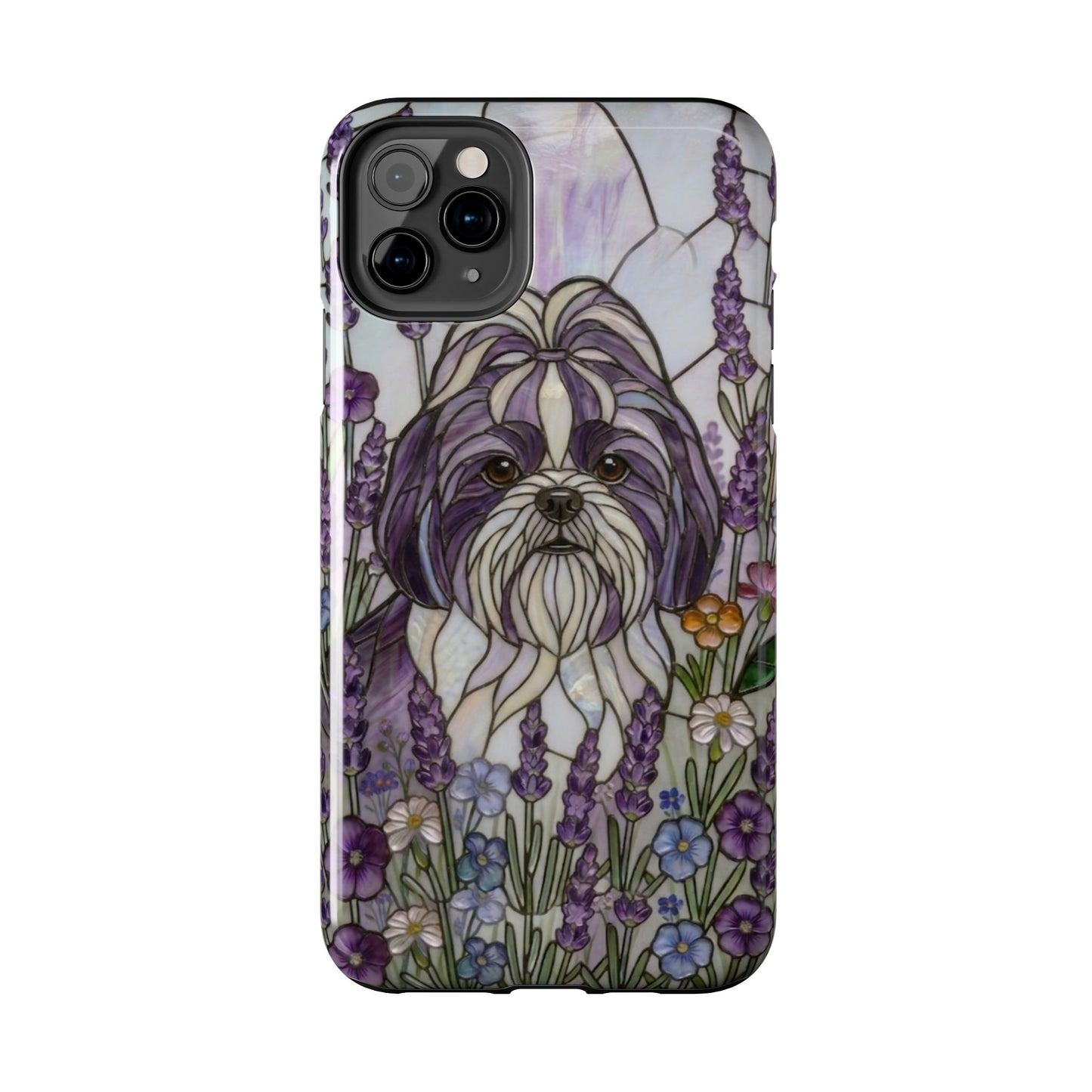 Phone case with a stylized dog illustration in a floral setting on a white background