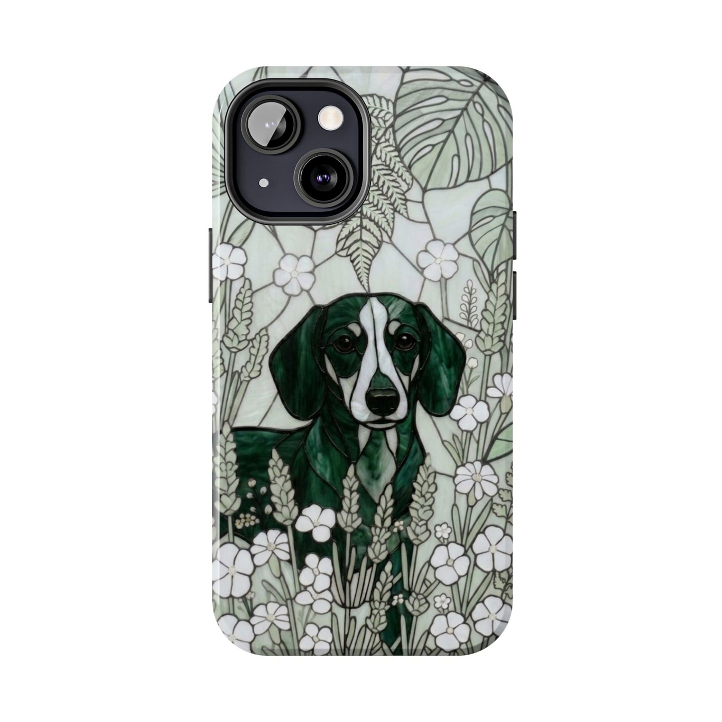 Dachshund Stained Glass Style Tough Case — Botanical Green Theme