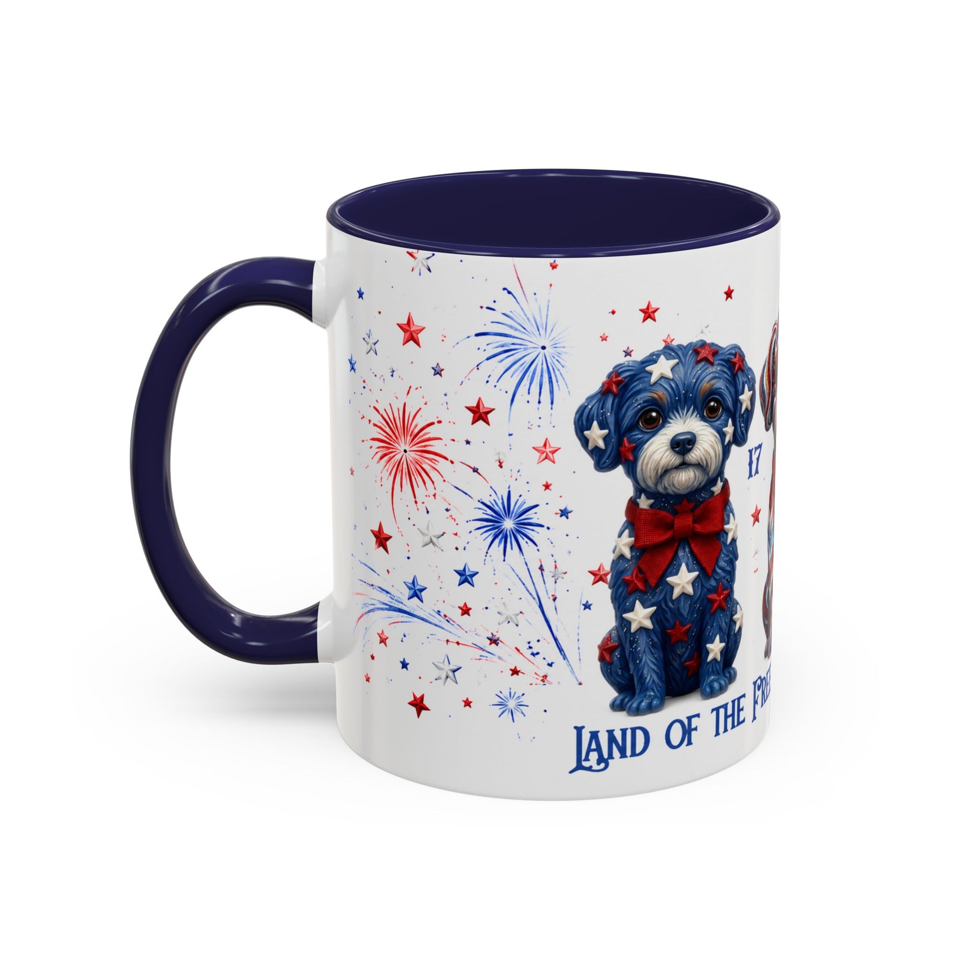 Mug with a dog design and patriotic elements on a white background