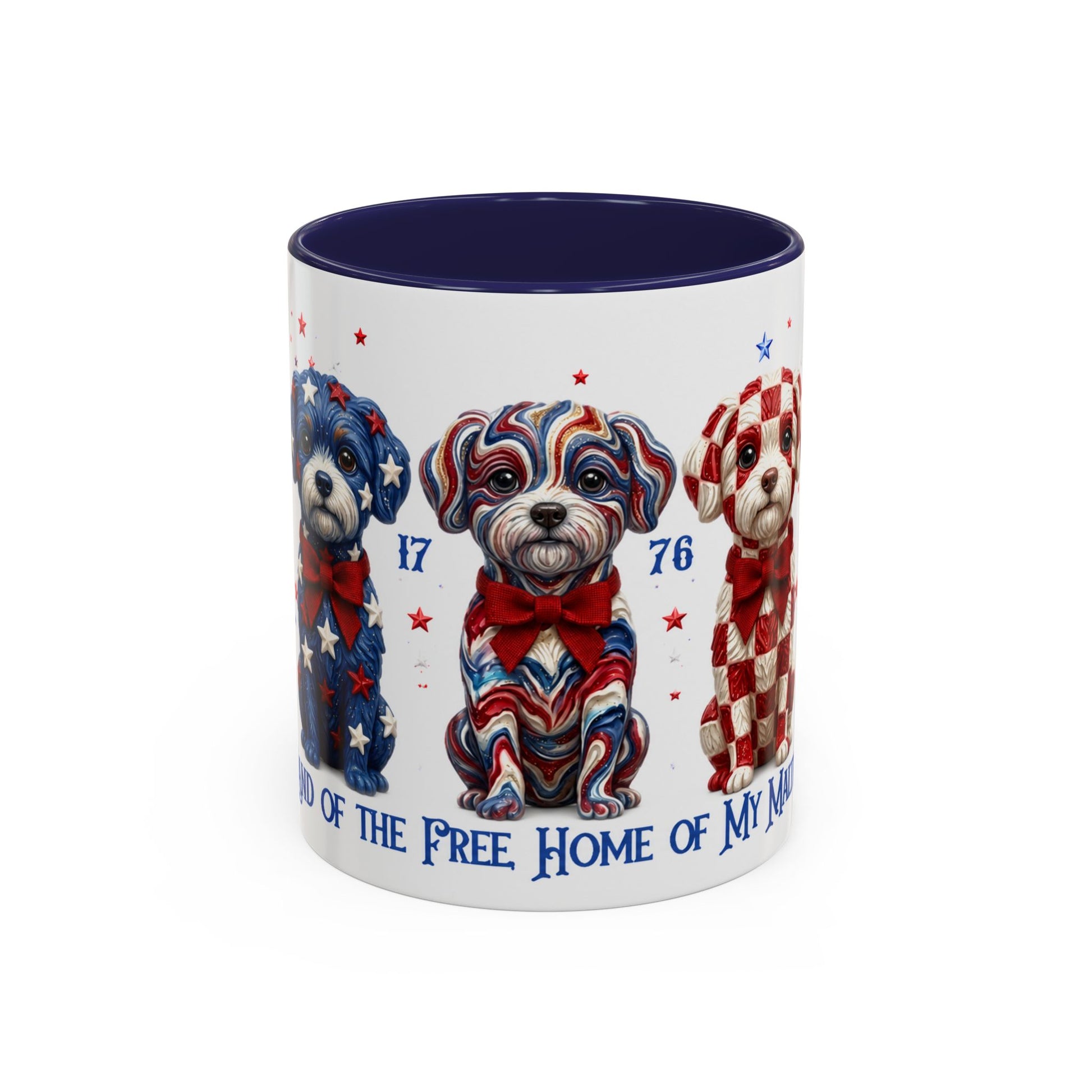 Mug with patriotic design of dogs and text on a white background