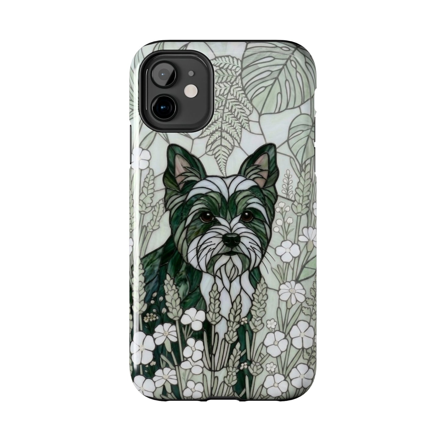 Phone case with a dog illustration and floral design on a white background
