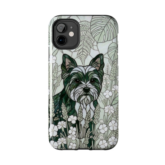Phone case with a dog illustration and floral design on a white background