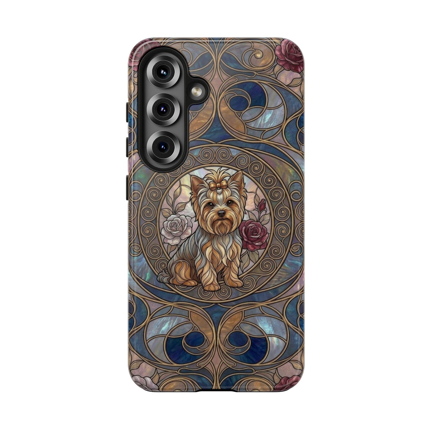 Yorkie Stained Glass Style Midnight Rose Tough Phone Case