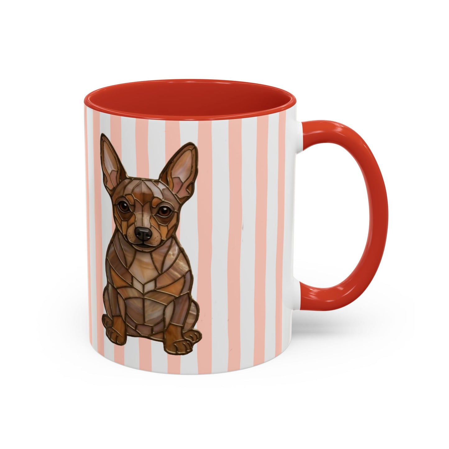 Mug with a dog illustration on a pink and white striped background