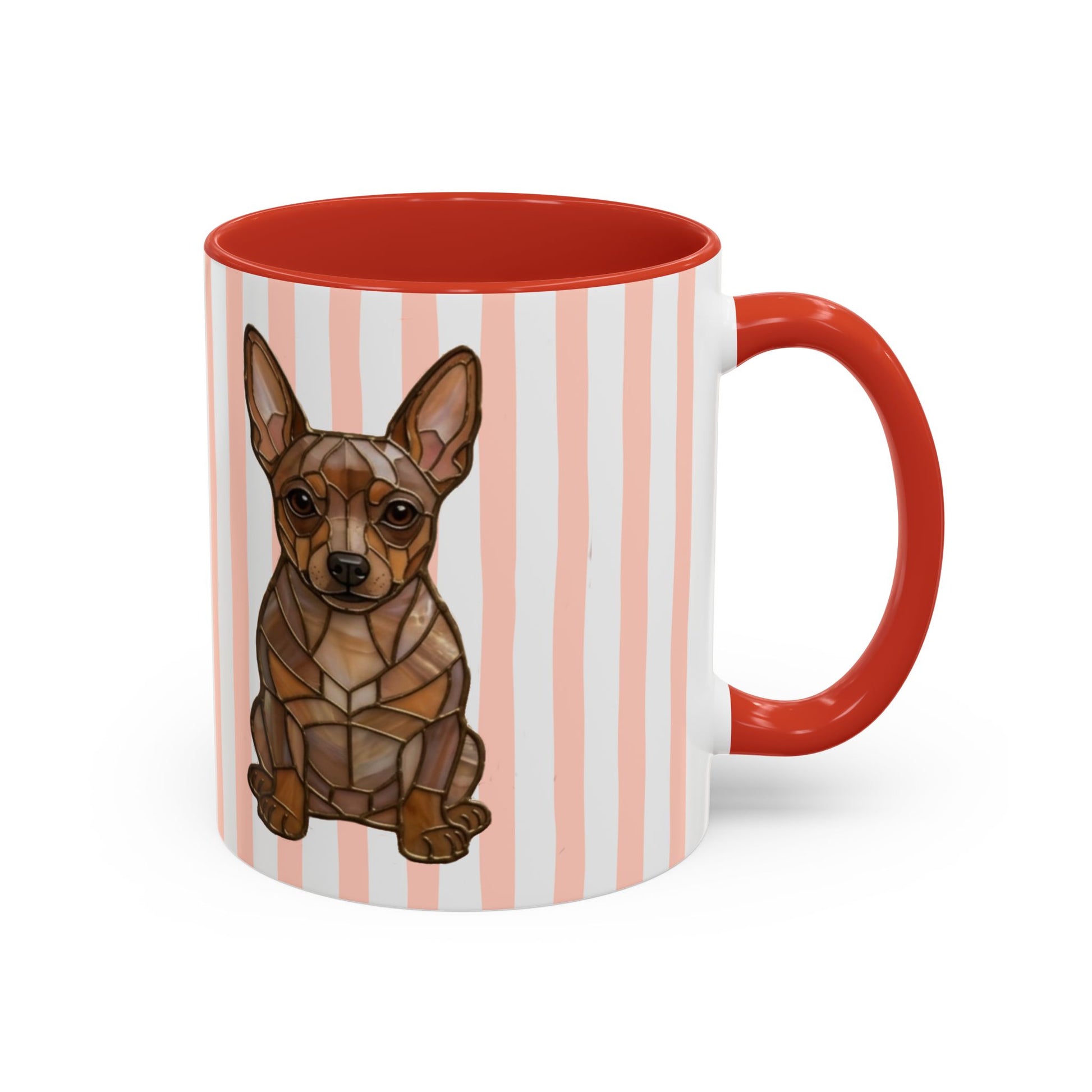 Mug with a dog illustration on a pink and white striped background