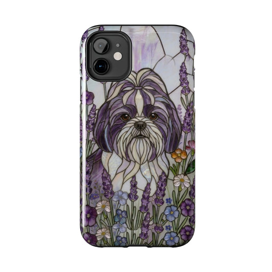Phone case with a stylized dog illustration among flowers on a white background