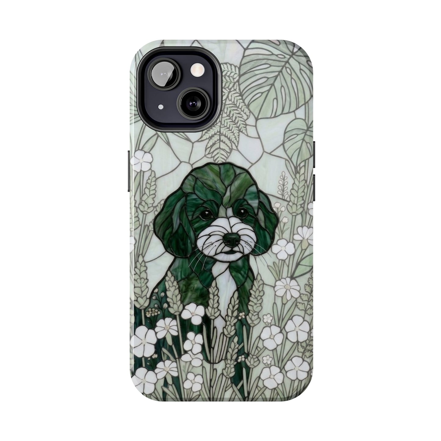 Toy Poodle Stained Glass Style Tough Case — Botanical Green Theme