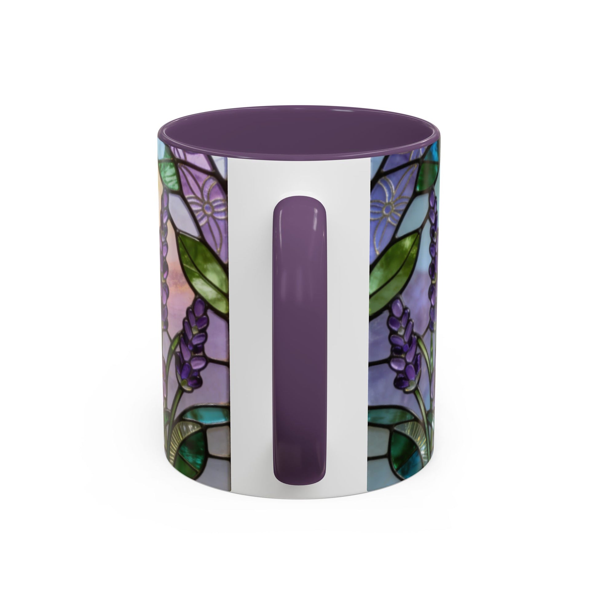 Mug with floral design and purple accents on a white background