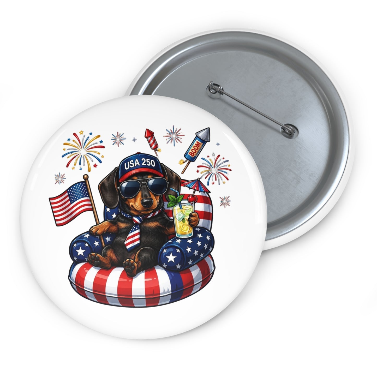 Button badge with a dog wearing sunglasses and a hat, surrounded by American flags and fireworks.