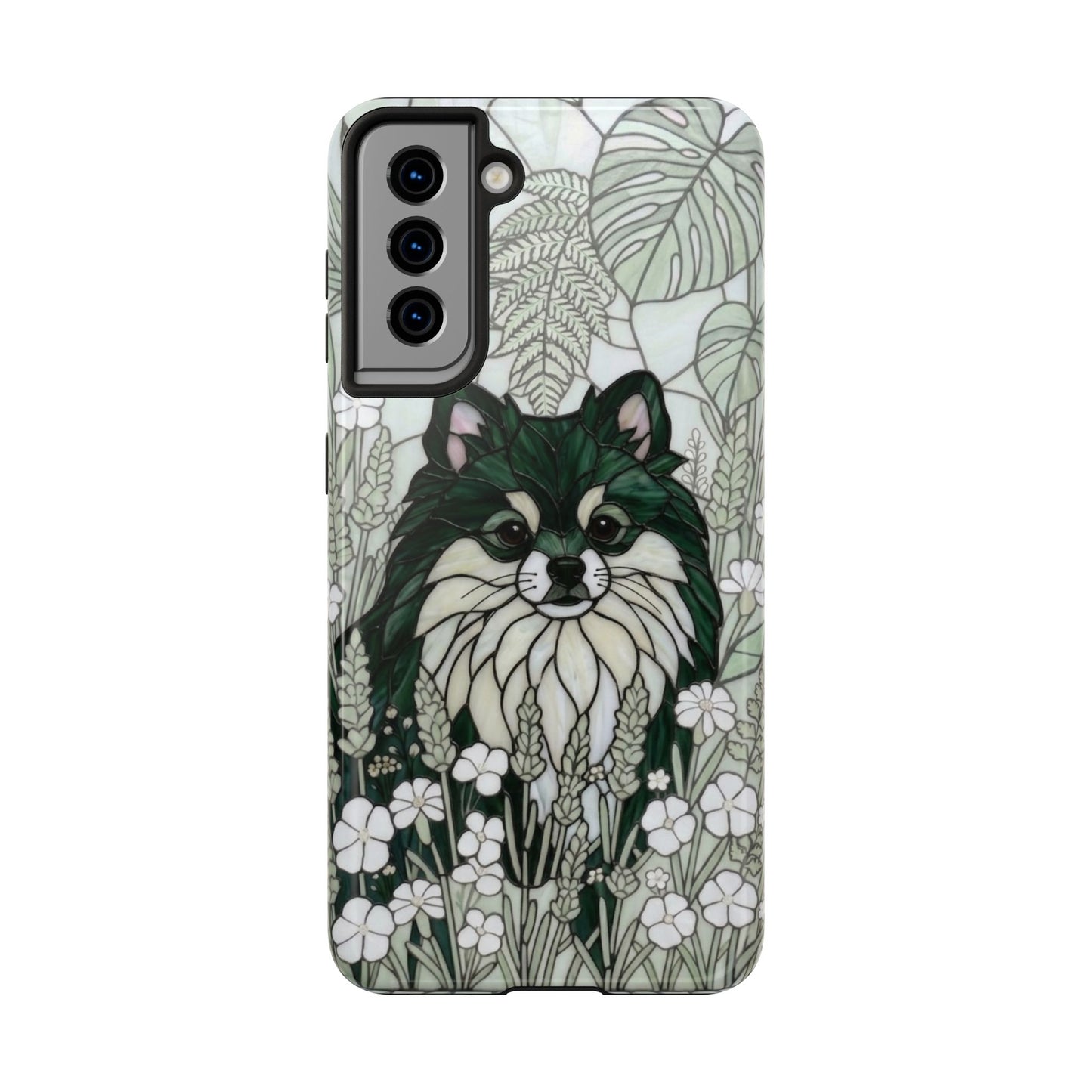 Pomeranian Stained Glass Style Tough Case — Botanical Green Theme