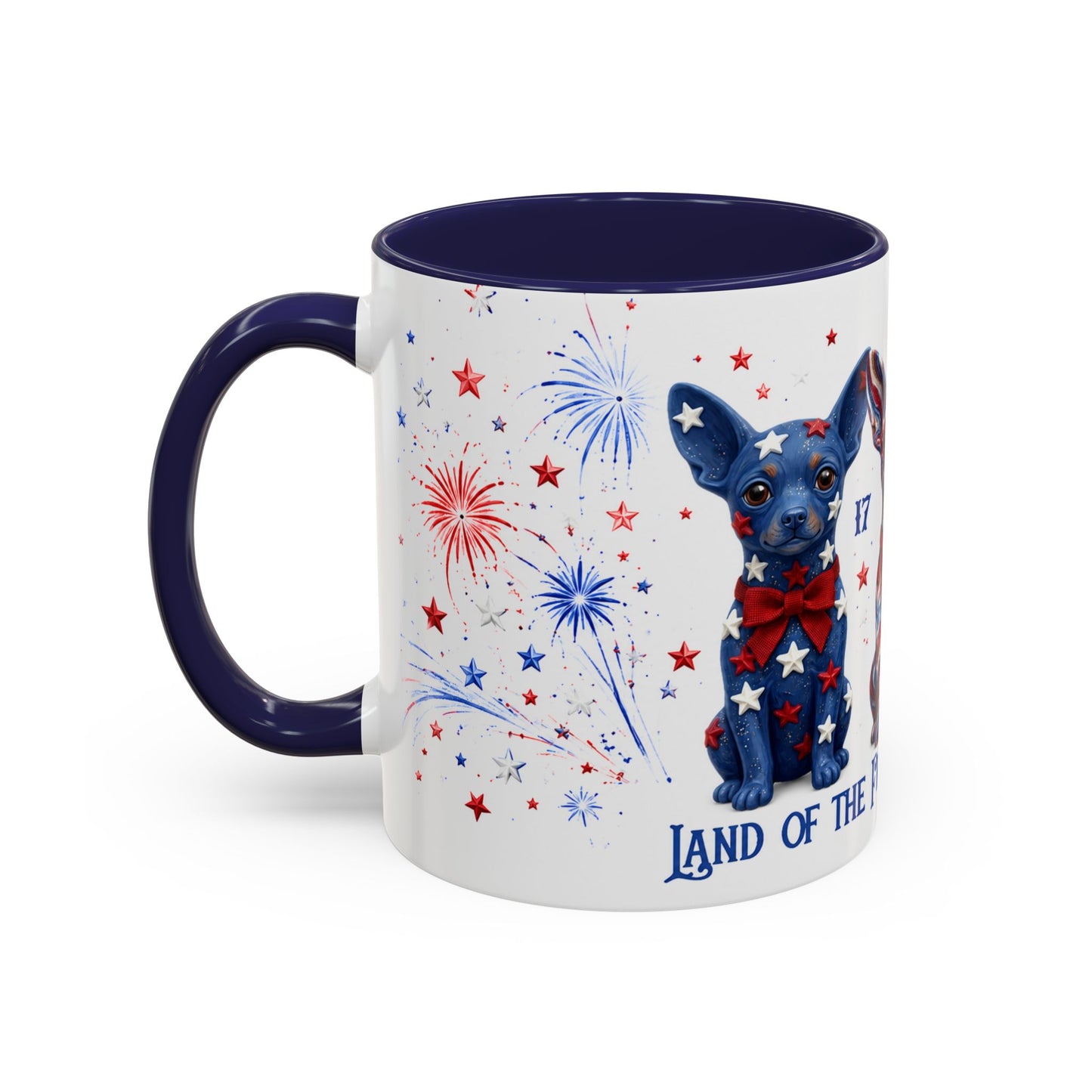 Mug with a dog design, stars, and fireworks on a white background