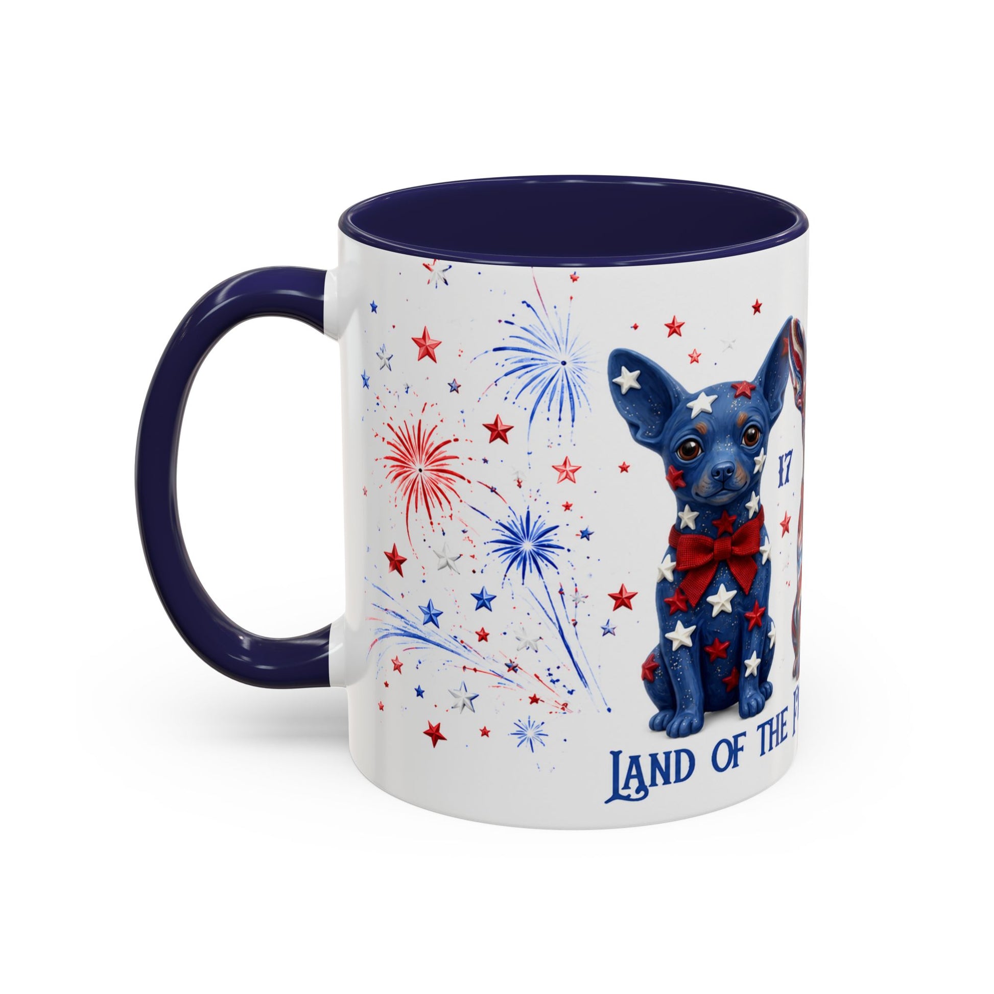 Mug with a dog design, stars, and fireworks on a white background