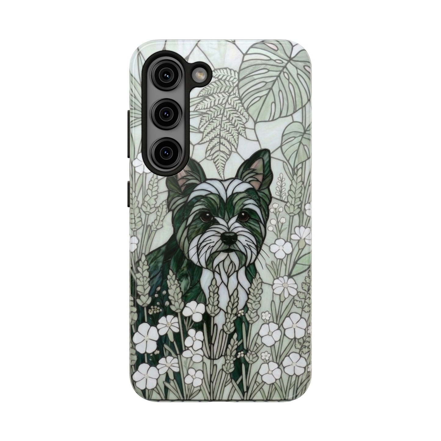 Yorkie Stained Glass Style Tough Case — Botanical Green Theme