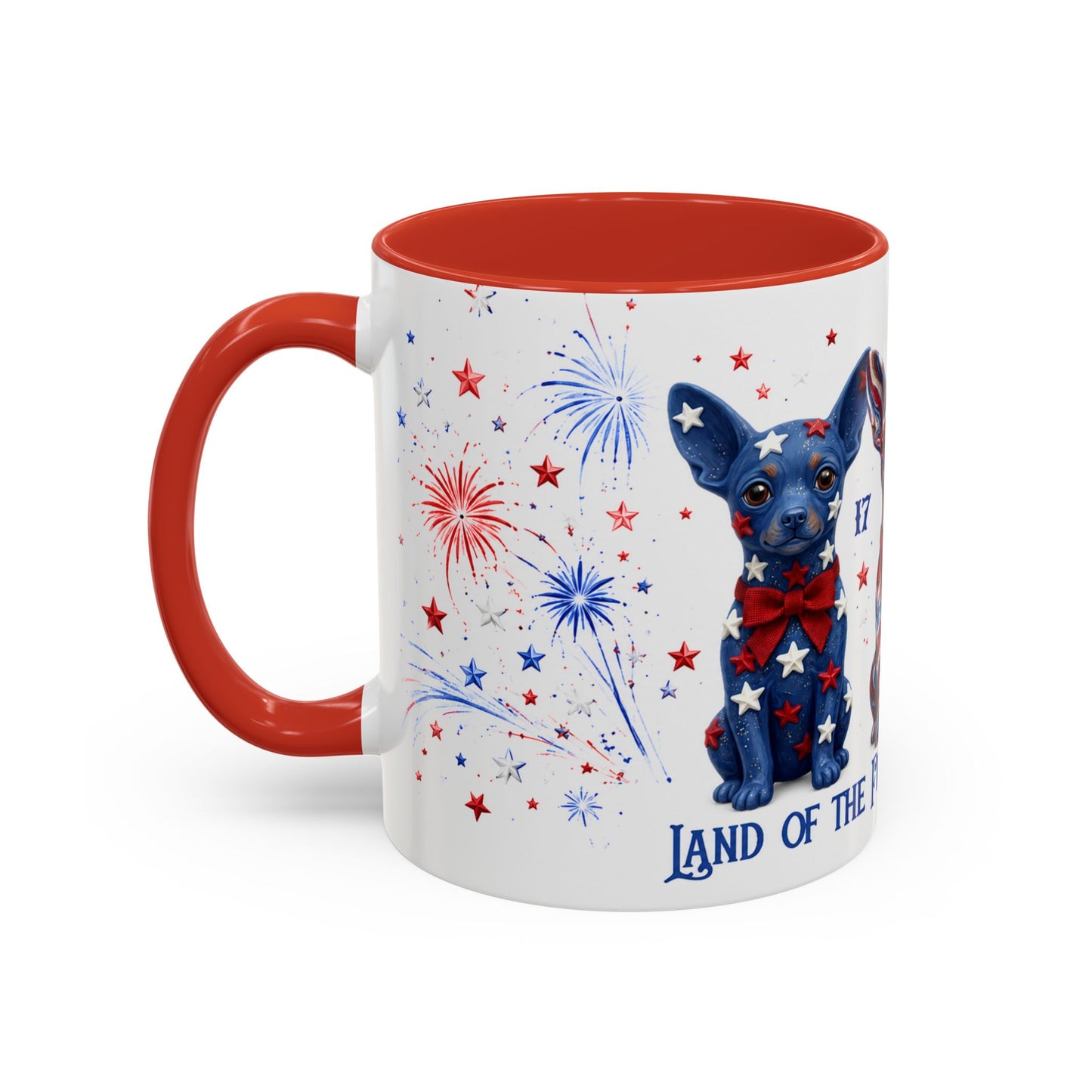 Mug with a dog design, red interior, and 'Land of the Free' text on a white background