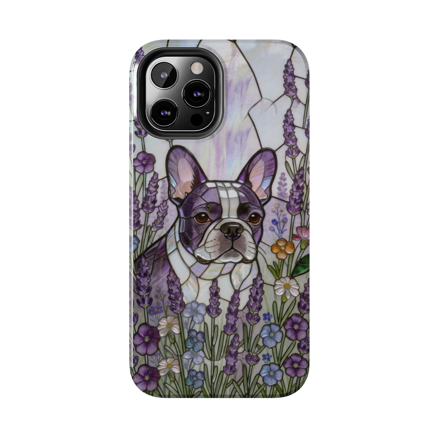 Frenchie Stained Glass Style Tough Case —Lavender Floral Theme