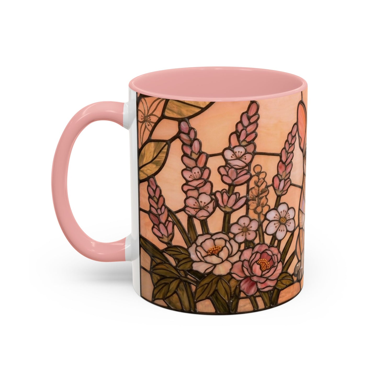 Mug with pink interior and handle featuring a floral stained glass design on a white background