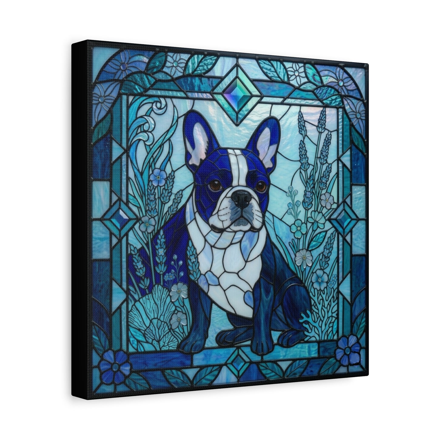 Stained Glass Style Ocean Blue French Bulldog Canvas Art