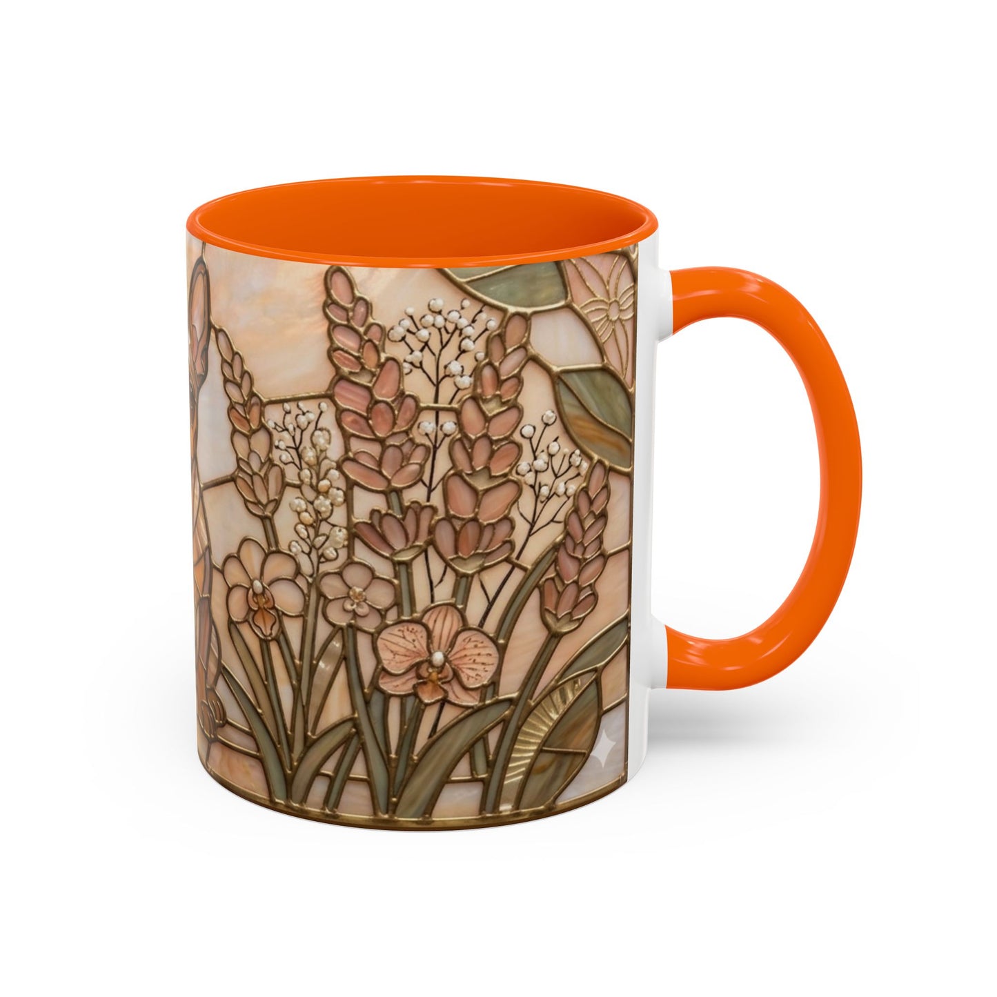 Mug with floral design and orange handle and rim on a white background