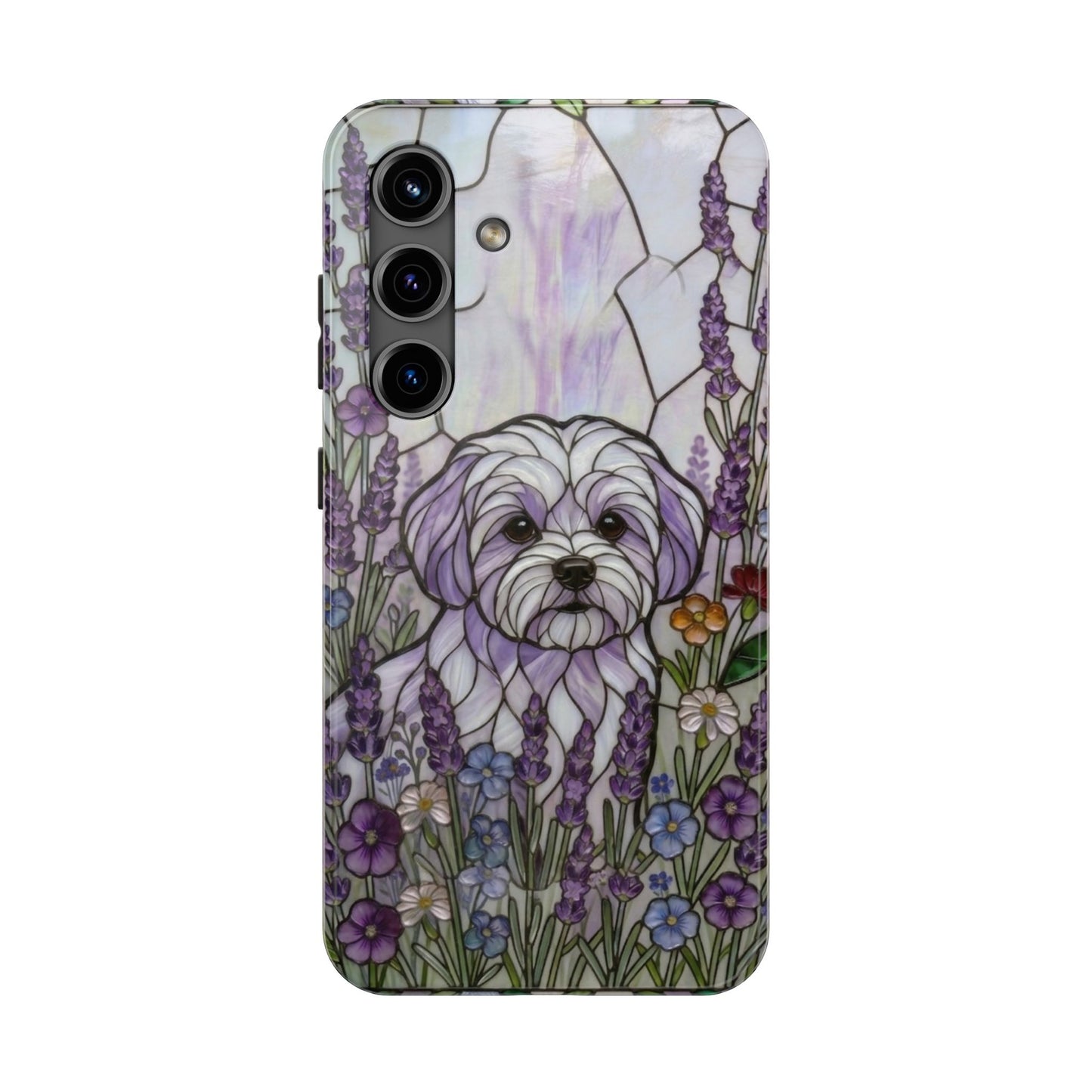 Maltese Stained Glass Style Tough Case — Lavender Floral Theme