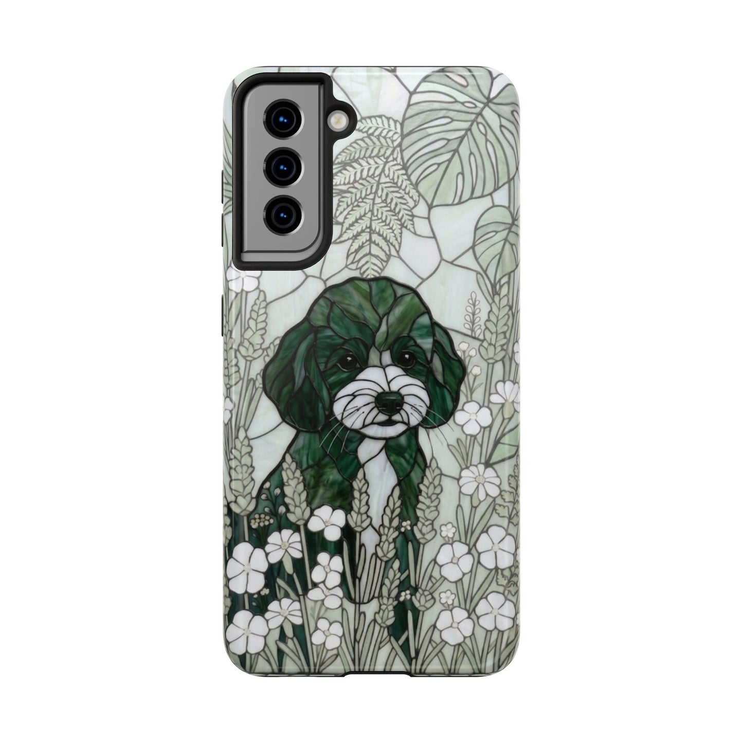 Toy Poodle Stained Glass Style Tough Case — Botanical Green Theme